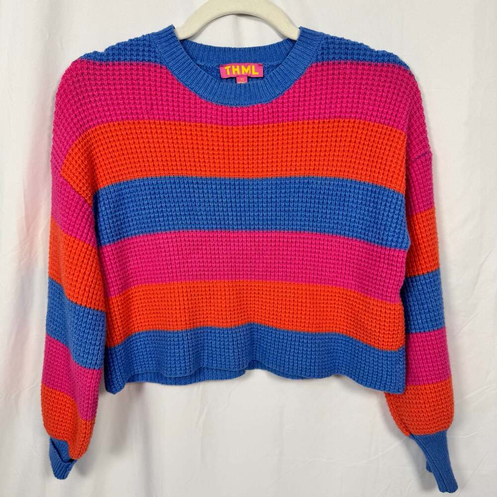 THML Striped Waffle Knit Cropped Sweater Blue Pink Orange Size XS